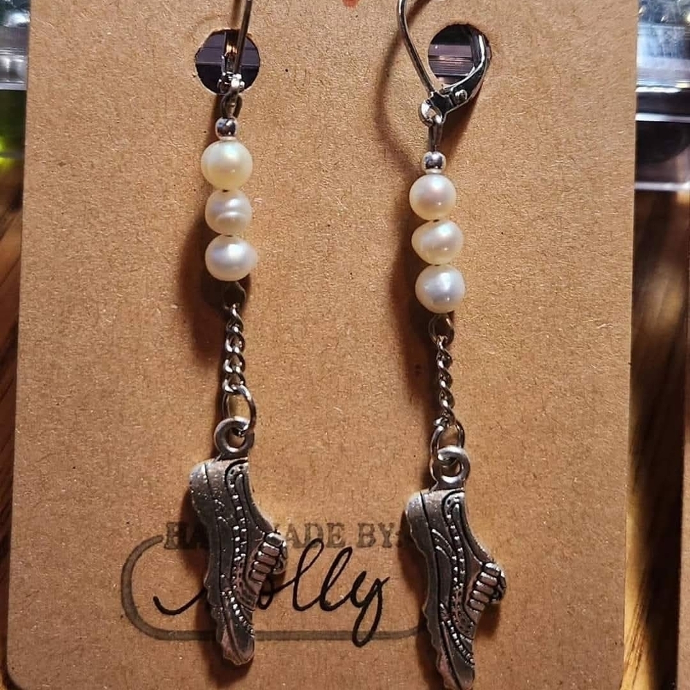 Freshwater Pearl Running Shoe Earrings Run Track Cross County Marathon 5K Run XC